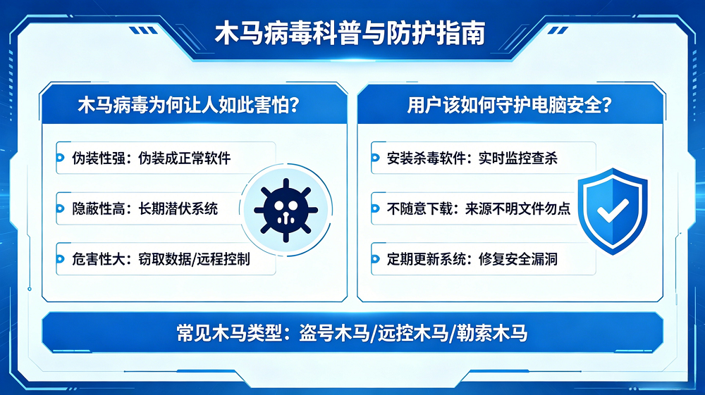 在日常使用电脑上网时，木马病毒是最有害的网络威胁之一。近日，国家计算机病毒应急处理中心和计算机病毒防治技术国家工程实验室依托国家计算机病毒协同分析平台发布信息，称在近日已捕获多个包含恶意程序的文件，这些恶意程序表面上伪装成快捷方式、文件夹、文档文件或压缩包文件，实际为针对Windows平台用户的远程控制木马病毒。再次让大家意识到木马病毒的危害性。很多人不禁疑问，木马病毒到底可怕在哪？普通电脑用户又该如何做好电脑安全防护，守护电脑安全？